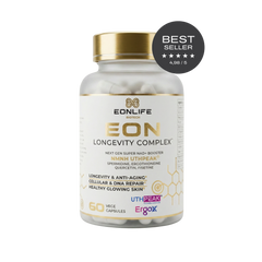Na grafice widoczny jest suplement diety EON Longevity Complex marki EONLIFE Biotech w eleganckim, białym opakowaniu ze złotymi akcentami. Produkt przedstawiono na czarnym tle, co podkreśla jego premium charakter. Na etykiecie znajdują się informacje o składnikach aktywnych, takich jak NMN UTHPEAK®, spermidyna, ergotioneina, kwercetyna i fisetyna.