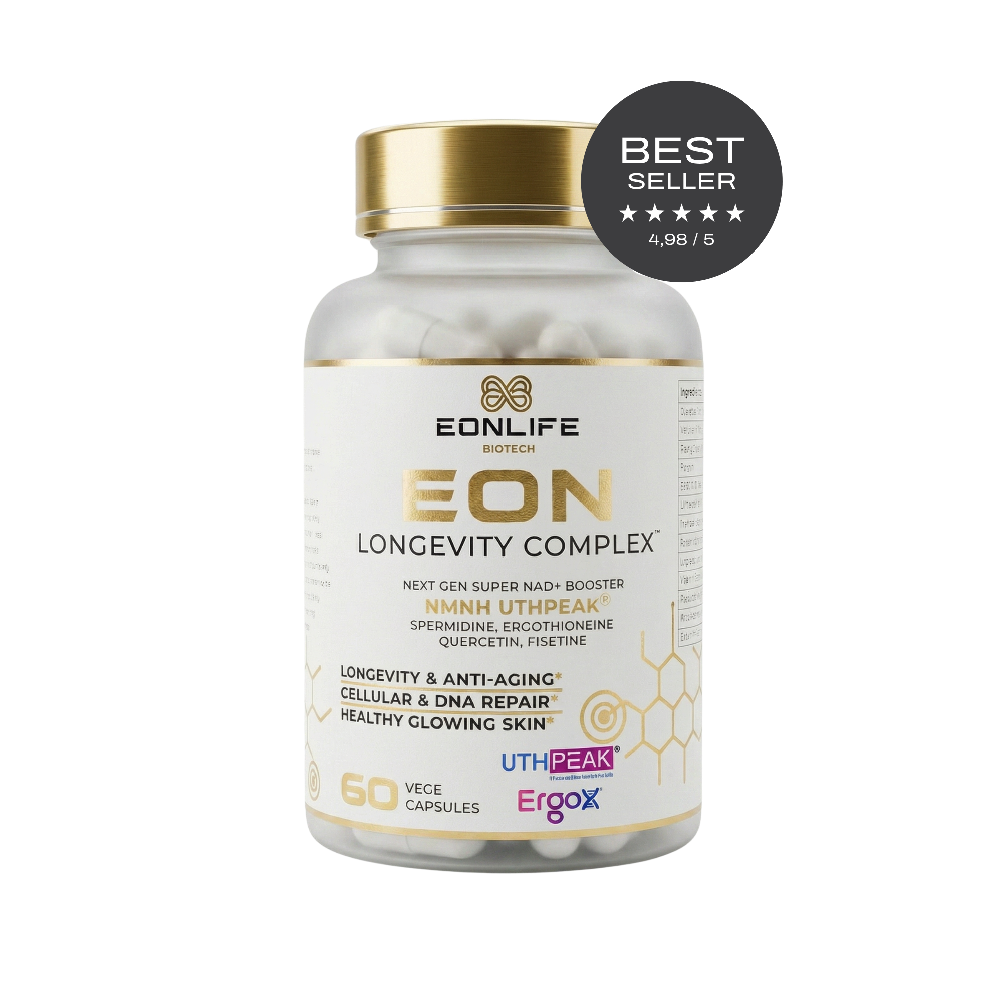 Na grafice widoczny jest suplement diety EON Longevity Complex marki EONLIFE Biotech w eleganckim, białym opakowaniu ze złotymi akcentami. Produkt przedstawiono na czarnym tle, co podkreśla jego premium charakter. Na etykiecie znajdują się informacje o składnikach aktywnych, takich jak NMN UTHPEAK®, spermidyna, ergotioneina, kwercetyna i fisetyna.