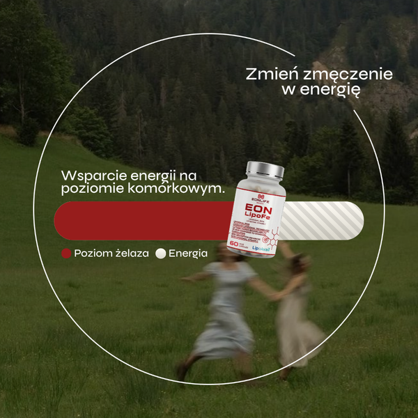 Grafika przedstawia suplement diety EON LipoFe marki EONLIFE Biotech na tle naturalnego krajobrazu z lasem i łąką. W centralnej części umieszczono wizualizację poziomu energii i żelaza w organizmie, obok której znajduje się opakowanie produktu. W tle widoczne są rozmyte sylwetki osób poruszających się po łące. Na grafice znajdują się hasła „Zmień zmęczenie w energię” oraz „Wsparcie energii na poziomie komórkowym”.