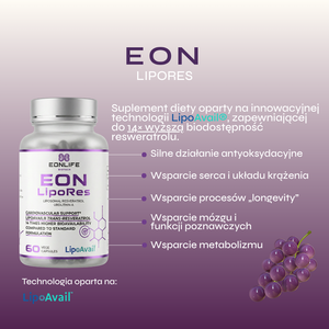 Grafika przedstawia suplement diety EON LipoRes marki EONLIFE Biotech wraz z opisem działania i właściwości produktu. Całość utrzymana jest w eleganckiej, fioletowej kolorystyce nawiązującej do resweratrolu, ochrony antyoksydacyjnej oraz tematyki longevity. Po lewej stronie umieszczono opakowanie suplementu, natomiast po prawej wypunktowano najważniejsze korzyści związane ze stosowaniem produktu.