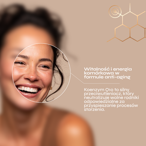 Grafika przedstawia uśmiechniętą kobietę na jasnym, beżowym tle oraz komunikat dotyczący działania koenzymu Q10 w formule anti-aging. Fragment twarzy został dodatkowo wyróżniony za pomocą okrągłego powiększenia, co podkreśla temat zdrowego wyglądu skóry, witalności i młodzieńczego wyglądu. W prawym górnym rogu umieszczono minimalistyczny motyw inspirowany strukturami molekularnymi.