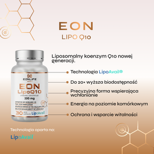 Grafika przedstawia suplement diety EON LipoQ10 marki EONLIFE Biotech oraz najważniejsze informacje dotyczące działania produktu. Projekt utrzymany jest w eleganckiej biało-miedzianej kolorystyce, nawiązującej do energii komórkowej, nowoczesnej suplementacji i wsparcia witalności organizmu. Po lewej stronie widoczne jest opakowanie suplementu, natomiast po prawej umieszczono listę kluczowych właściwości produktu.