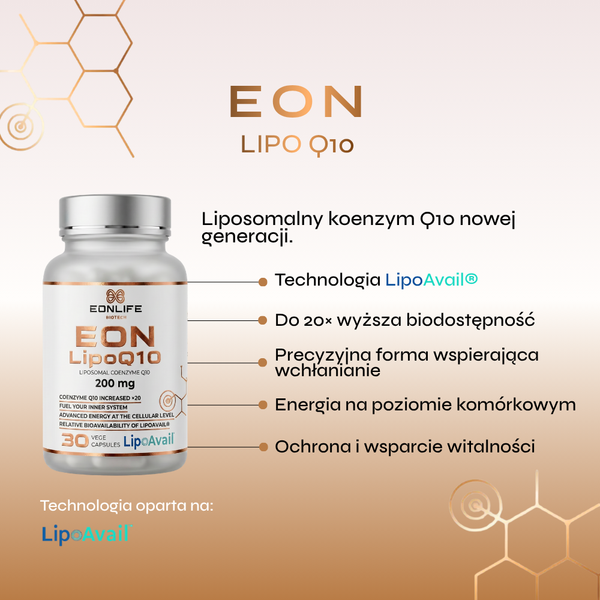 Grafika przedstawia suplement diety EON LipoQ10 marki EONLIFE Biotech oraz najważniejsze informacje dotyczące działania produktu. Projekt utrzymany jest w eleganckiej biało-miedzianej kolorystyce, nawiązującej do energii komórkowej, nowoczesnej suplementacji i wsparcia witalności organizmu. Po lewej stronie widoczne jest opakowanie suplementu, natomiast po prawej umieszczono listę kluczowych właściwości produktu.