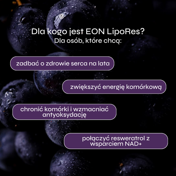 Grafika przedstawia infografikę dotyczącą suplementu diety EON LipoRes marki EONLIFE Biotech. Tło tworzą ciemne winogrona pokryte kroplami wody, co nawiązuje do naturalnego źródła resweratrolu oraz działania antyoksydacyjnego produktu. Całość utrzymana jest w eleganckiej, ciemnofioletowej kolorystyce charakterystycznej dla komunikacji związanej z longevity i zdrowym starzeniem.