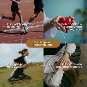 Grafika przedstawia infografikę dotyczącą koenzymu Q10 oraz grup osób, dla których suplementacja może być odpowiednia. Kompozycja została podzielona na cztery części prezentujące różne sytuacje związane z aktywnością, zdrowiem i poziomem energii. W centralnej części umieszczono pytanie „Dla kogo jest koenzym Q10?”.