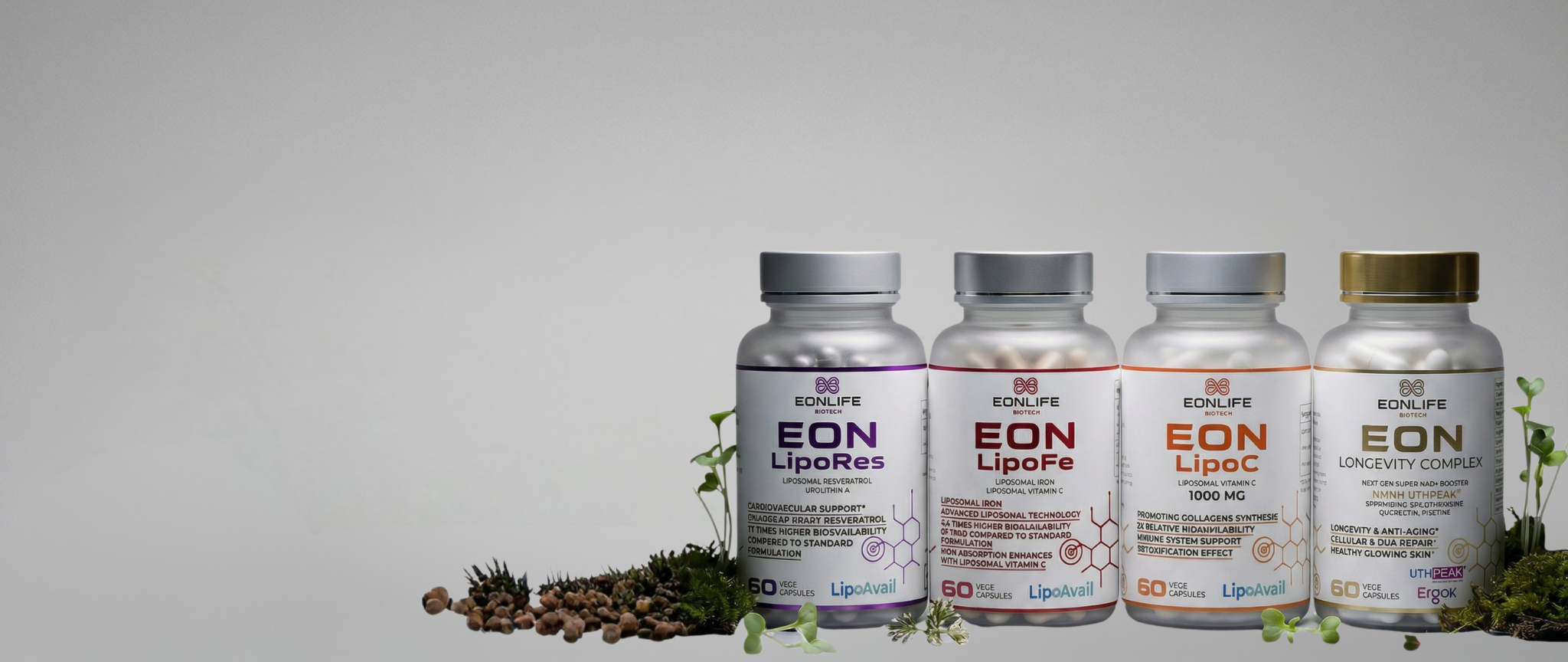 Grafika przedstawia cztery suplementy diety marki EONLIFE Biotech ustawione obok siebie na jasnym, minimalistycznym tle. Produkty otoczone są subtelnymi elementami natury – mchem, nasionami i zielonymi roślinami.