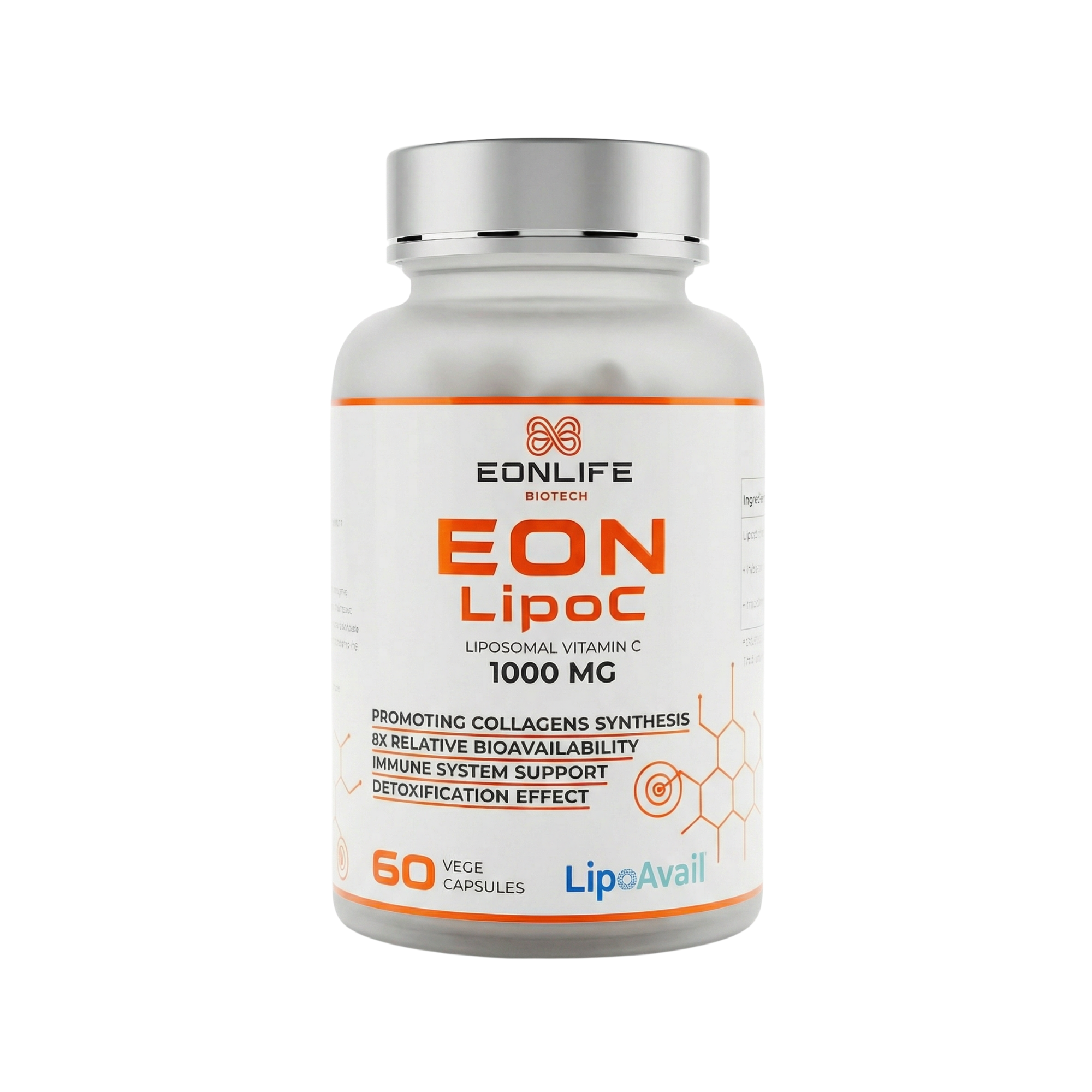 Grafika przedstawia suplement diety EON LipoC marki EONLIFE Biotech w eleganckim, białym opakowaniu z pomarańczowymi akcentami. Na etykiecie widnieje informacja o liposomalnej witaminie C 1000 mg oraz zastosowaniu technologii LipoAvail®, wspierającej wysoką biodostępność składników aktywnych.