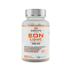 Na grafice przedstawiono suplement diety EON LipoC marki EONLIFE Biotech w białym opakowaniu z pomarańczowymi akcentami. Produkt zaprezentowano na czarnym tle, co podkreśla jego nowoczesny i premium charakter. Na etykiecie widnieje informacja o liposomalnej witaminie C 1000 mg oraz technologii LipoAvail.