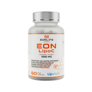 Na grafice przedstawiono suplement diety EON LipoC marki EONLIFE Biotech w białym opakowaniu z pomarańczowymi akcentami. Produkt zaprezentowano na czarnym tle, co podkreśla jego nowoczesny i premium charakter. Na etykiecie widnieje informacja o liposomalnej witaminie C 1000 mg oraz technologii LipoAvail.