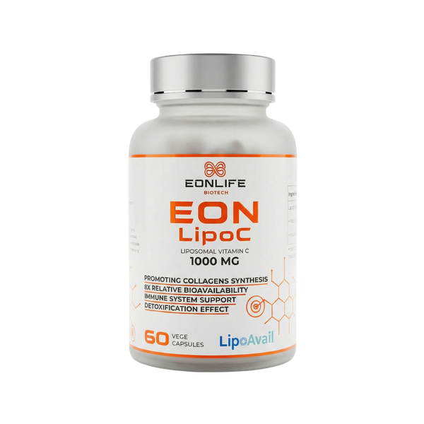 Na grafice przedstawiono suplement diety EON LipoC marki EONLIFE Biotech w białym opakowaniu z pomarańczowymi akcentami. Produkt zaprezentowano na czarnym tle, co podkreśla jego nowoczesny i premium charakter. Na etykiecie widnieje informacja o liposomalnej witaminie C 1000 mg oraz technologii LipoAvail.