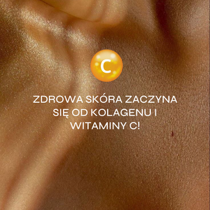 Grafika przedstawia zbliżenie na skórę w ciepłej, złoto-brązowej kolorystyce, podkreślającej zdrowy i promienny wygląd. W centralnej części umieszczono symbol witaminy C oraz hasło „Zdrowa skóra zaczyna się od kolagenu i witaminy C!”, nawiązujące do pielęgnacji skóry i wsparcia procesów regeneracyjnych organizmu.