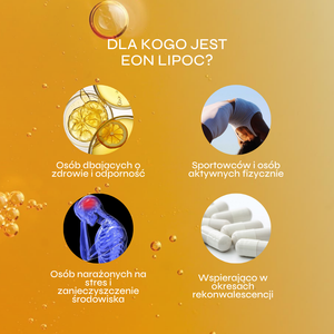 Grafika przedstawia infografikę dotyczącą suplementu diety EON LipoC oraz grup osób, dla których produkt może być odpowiedni. Całość utrzymana jest w energetycznej, pomarańczowo-złotej kolorystyce nawiązującej do witaminy C, odporności i witalności organizmu. Na grafice wyróżniono cztery grupy odbiorców: osoby dbające o zdrowie i odporność, sportowców oraz osoby aktywne fizycznie, osoby narażone na stres i zanieczyszczenie środowiska, a także osoby potrzebujące wsparcia w okresie rekonwalescencji.