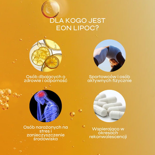 Grafika przedstawia infografikę dotyczącą suplementu diety EON LipoC oraz grup osób, dla których produkt może być odpowiedni. Całość utrzymana jest w energetycznej, pomarańczowo-złotej kolorystyce nawiązującej do witaminy C, odporności i witalności organizmu. Na grafice wyróżniono cztery grupy odbiorców: osoby dbające o zdrowie i odporność, sportowców oraz osoby aktywne fizycznie, osoby narażone na stres i zanieczyszczenie środowiska, a także osoby potrzebujące wsparcia w okresie rekonwalescencji.
