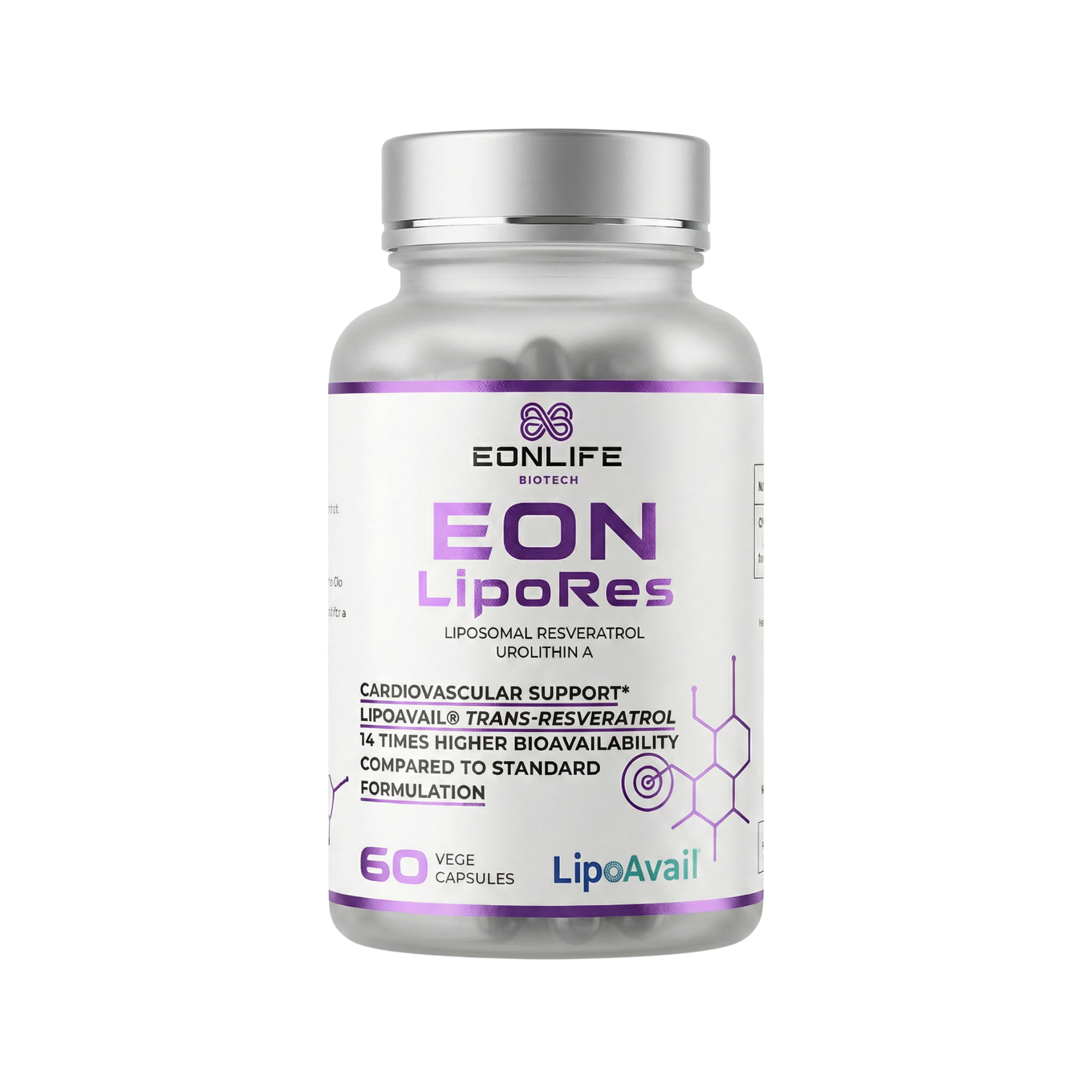 Grafika przedstawia suplement diety EON LipoRes marki EONLIFE Biotech w eleganckim, białym opakowaniu z fioletowymi akcentami. Na etykiecie widoczne są informacje o liposomalnym resweratrolu oraz urolitynie A, a także zastosowaniu technologii LipoAvail®, wspierającej wysoką biodostępność składników aktywnych.