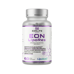 Na grafice przedstawiono suplement diety EON LipoRes marki EONLIFE Biotech w eleganckim, białym opakowaniu z fioletowymi akcentami. Na etykiecie widnieją informacje o liposomalnym resweratrolu oraz urolitynie A, a także zastosowaniu technologii LipoAvail®. Producent podkreśla właściwości związane ze wsparciem układu sercowo-naczyniowego oraz wysoką biodostępnością składników aktywnych w porównaniu do standardowych formuł.