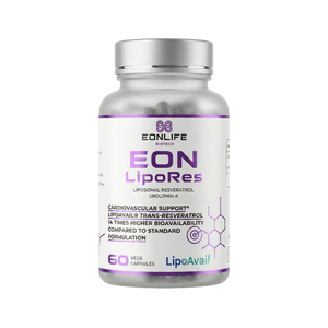 Na grafice przedstawiono suplement diety EON LipoRes marki EONLIFE Biotech w eleganckim, białym opakowaniu z fioletowymi akcentami. Na etykiecie widnieją informacje o liposomalnym resweratrolu oraz urolitynie A, a także zastosowaniu technologii LipoAvail®. Producent podkreśla właściwości związane ze wsparciem układu sercowo-naczyniowego oraz wysoką biodostępnością składników aktywnych w porównaniu do standardowych formuł.