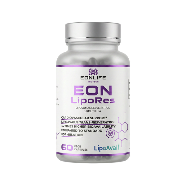 Na grafice przedstawiono suplement diety EON LipoRes marki EONLIFE Biotech w eleganckim, białym opakowaniu z fioletowymi akcentami. Na etykiecie widnieją informacje o liposomalnym resweratrolu oraz urolitynie A, a także zastosowaniu technologii LipoAvail®. Producent podkreśla właściwości związane ze wsparciem układu sercowo-naczyniowego oraz wysoką biodostępnością składników aktywnych w porównaniu do standardowych formuł.
