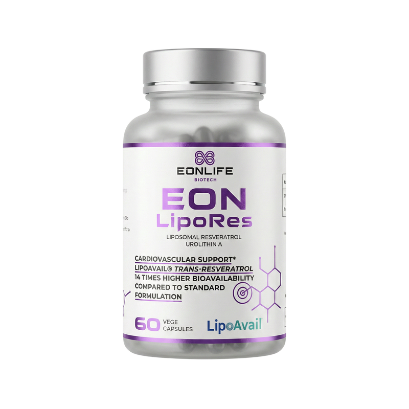 Na grafice przedstawiono suplement diety EON LipoRes marki EONLIFE Biotech w eleganckim, białym opakowaniu z fioletowymi akcentami. Na etykiecie widnieją informacje o liposomalnym resweratrolu oraz urolitynie A, a także zastosowaniu technologii LipoAvail®. Producent podkreśla właściwości związane ze wsparciem układu sercowo-naczyniowego oraz wysoką biodostępnością składników aktywnych w porównaniu do standardowych formuł.
