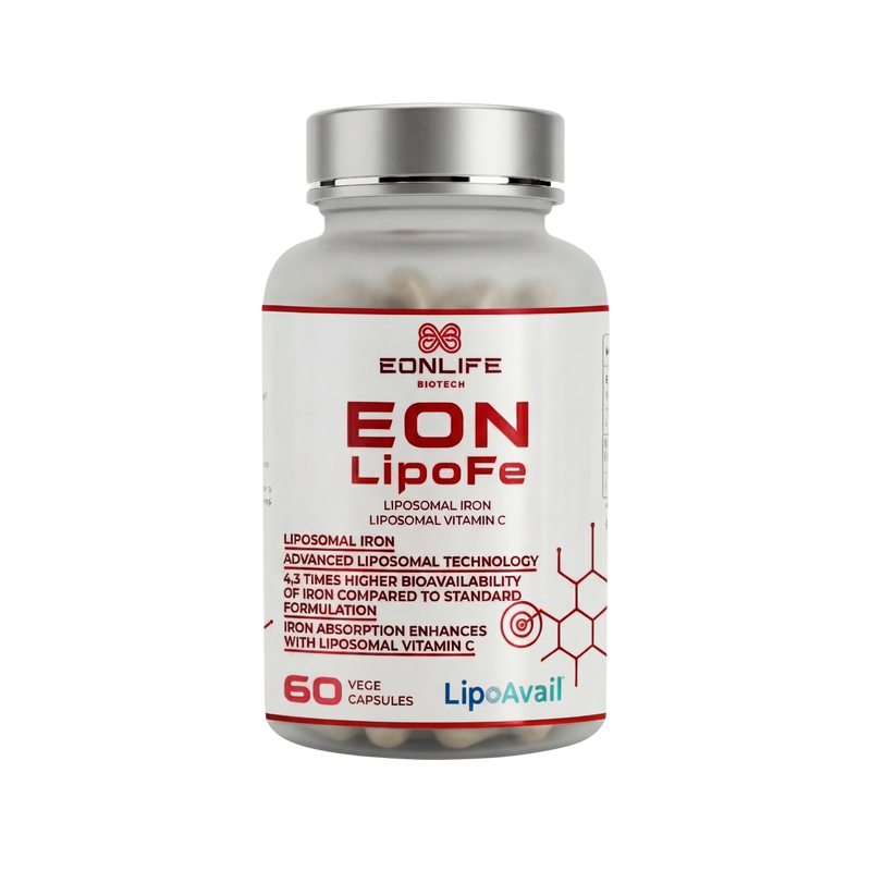 Grafika przedstawia suplement diety EON LipoFe marki EONLIFE Biotech w eleganckim, białym opakowaniu z czerwonymi akcentami. Na etykiecie widoczne są informacje o liposomalnym żelazie oraz liposomalnej witaminie C, a także zastosowaniu technologii LipoAvail® wspierającej wysoką biodostępność składników aktywnych.