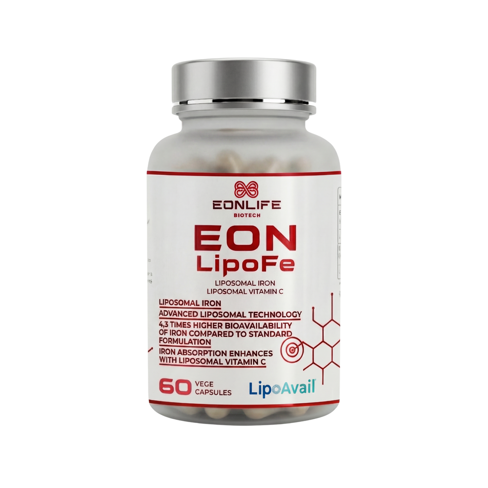 Na grafice przedstawiono suplement diety EON LipoFe marki EONLIFE Biotech w eleganckim, białym opakowaniu z czerwonymi akcentami. Na etykiecie widnieją informacje o liposomalnym żelazie oraz liposomalnej witaminie C, a także zastosowaniu technologii LipoAvail®.