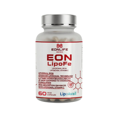 Na grafice przedstawiono suplement diety EON LipoFe marki EONLIFE Biotech w eleganckim, białym opakowaniu z czerwonymi akcentami. Na etykiecie widnieją informacje o liposomalnym żelazie oraz liposomalnej witaminie C, a także zastosowaniu technologii LipoAvail®.