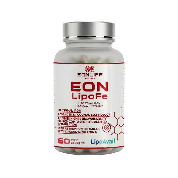 Na grafice przedstawiono suplement diety EON LipoFe marki EONLIFE Biotech w eleganckim, białym opakowaniu z czerwonymi akcentami. Na etykiecie widnieją informacje o liposomalnym żelazie oraz liposomalnej witaminie C, a także zastosowaniu technologii LipoAvail®.