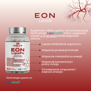 Grafika przedstawia suplement diety EON LipoFe marki EONLIFE Biotech wraz z opisem działania i właściwości produktu. Całość utrzymana jest w czerwono-różowej kolorystyce nawiązującej do żelaza, energii organizmu oraz wsparcia produkcji czerwonych krwinek. Po lewej stronie umieszczono opakowanie suplementu, natomiast po prawej wypunktowano najważniejsze korzyści związane ze stosowaniem produktu.