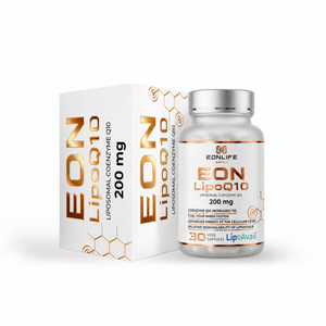 Grafika przedstawia suplement diety EON LipoQ10 marki EONLIFE Biotech wraz z eleganckim opakowaniem kartonowym. Produkt utrzymany jest w biało-złotej kolorystyce. Zarówno pudełko, jak i etykieta butelki zawierają minimalistyczne motywy inspirowane strukturami molekularnymi, nawiązujące do zaawansowanej suplementacji. Na opakowaniu widoczna jest informacja o liposomalnym koenzymie Q10 200 mg oraz technologii LipoAvail®.