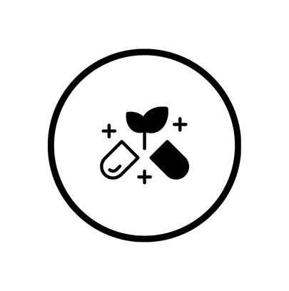 Grafika przedstawia minimalistyczną ikonę umieszczoną w czarnym okręgu na jasnym tle. W centrum widoczne są symbole kapsułki, kropli oraz liścia, tworzące prostą kompozycję nawiązującą do suplementacji i naturalnych składników aktywnych.