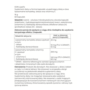 Grafika przedstawia etykietę suplementu diety EON LipoFe w formie przejrzystej tabeli informacyjnej zawierającej skład produktu, dawkowanie oraz ostrzeżenia dotyczące stosowania.