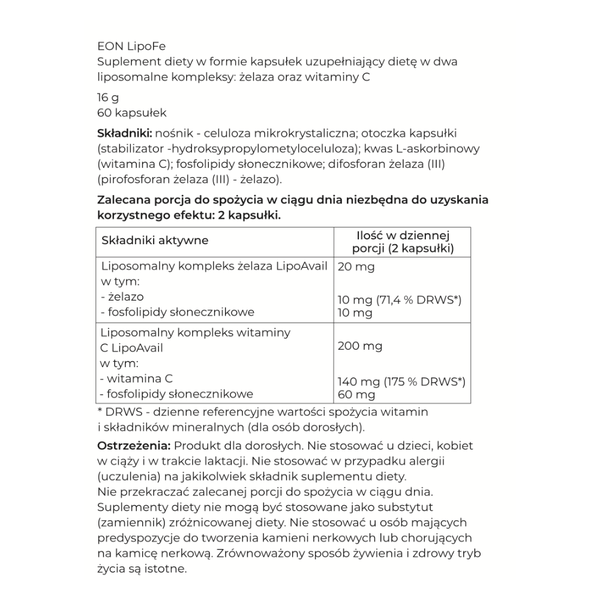 Grafika przedstawia etykietę suplementu diety EON LipoFe w formie przejrzystej tabeli informacyjnej zawierającej skład produktu, dawkowanie oraz ostrzeżenia dotyczące stosowania.