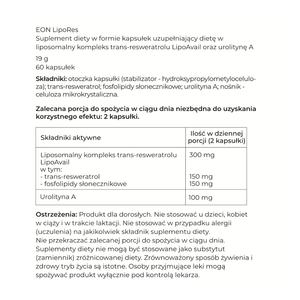 Grafika przedstawia etykietę suplementu diety EON LipoRes w formie informacyjnej tabeli zawierającej skład produktu, dawkowanie oraz ostrzeżenia dotyczące stosowania.