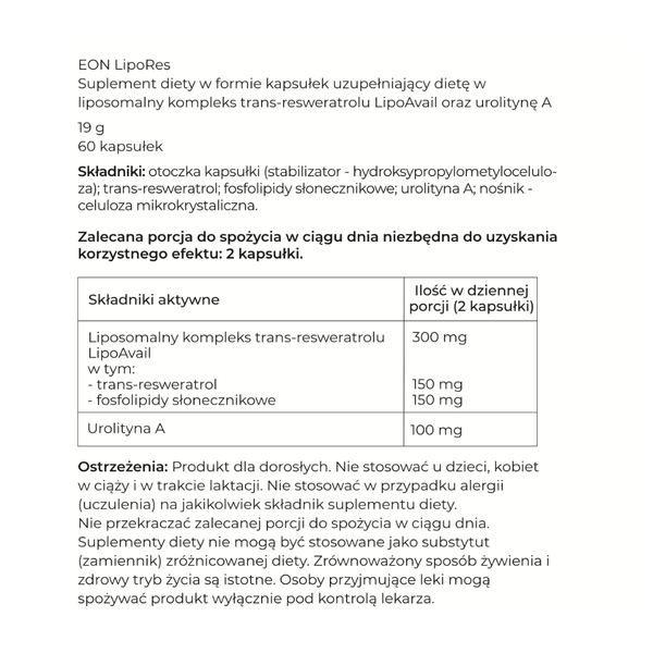 Grafika przedstawia etykietę suplementu diety EON LipoRes w formie informacyjnej tabeli zawierającej skład produktu, dawkowanie oraz ostrzeżenia dotyczące stosowania.