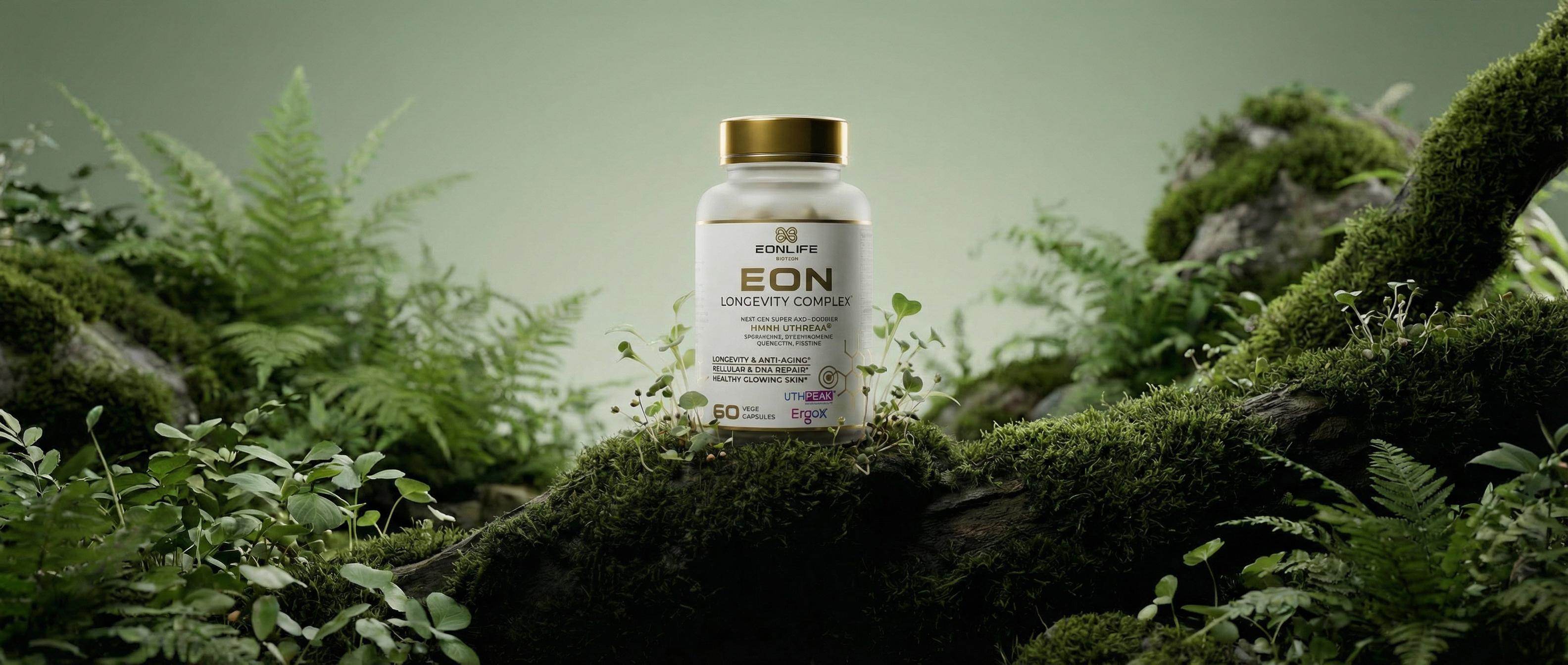 Grafika przedstawia suplement diety EON Longevity Complex marki EONLIFE Biotech umieszczony w naturalnym, leśnym otoczeniu pełnym mchów, paproci i zielonych roślin. Produkt stoi centralnie na omszałym konarze.