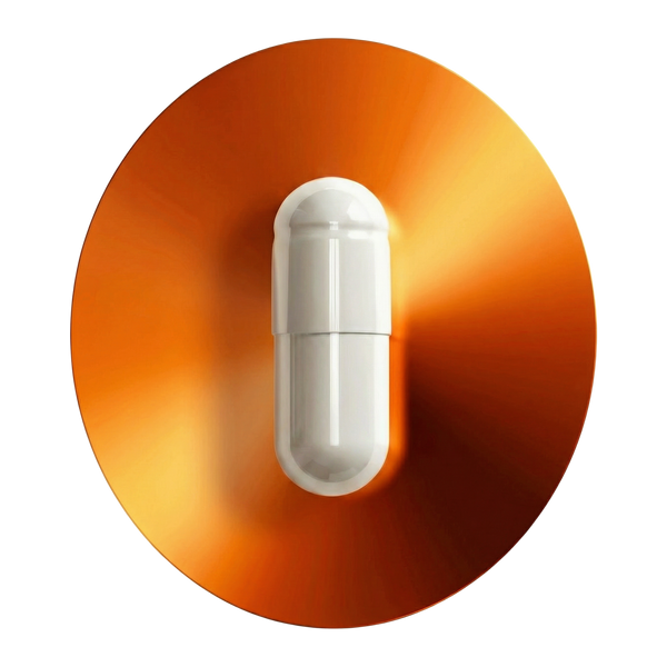 Grafika przedstawia białą kapsułkę suplementu diety EON LipoC marki EONLIFE Biotech umieszczoną centralnie na okrągłym tle w intensywnych odcieniach pomarańczu i złota.