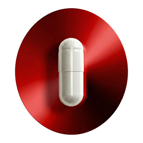 Grafika przedstawia białą kapsułkę suplementu diety EON LipoFe marki EONLIFE Biotech umieszczoną centralnie na okrągłym tle w intensywnych odcieniach czerwieni.