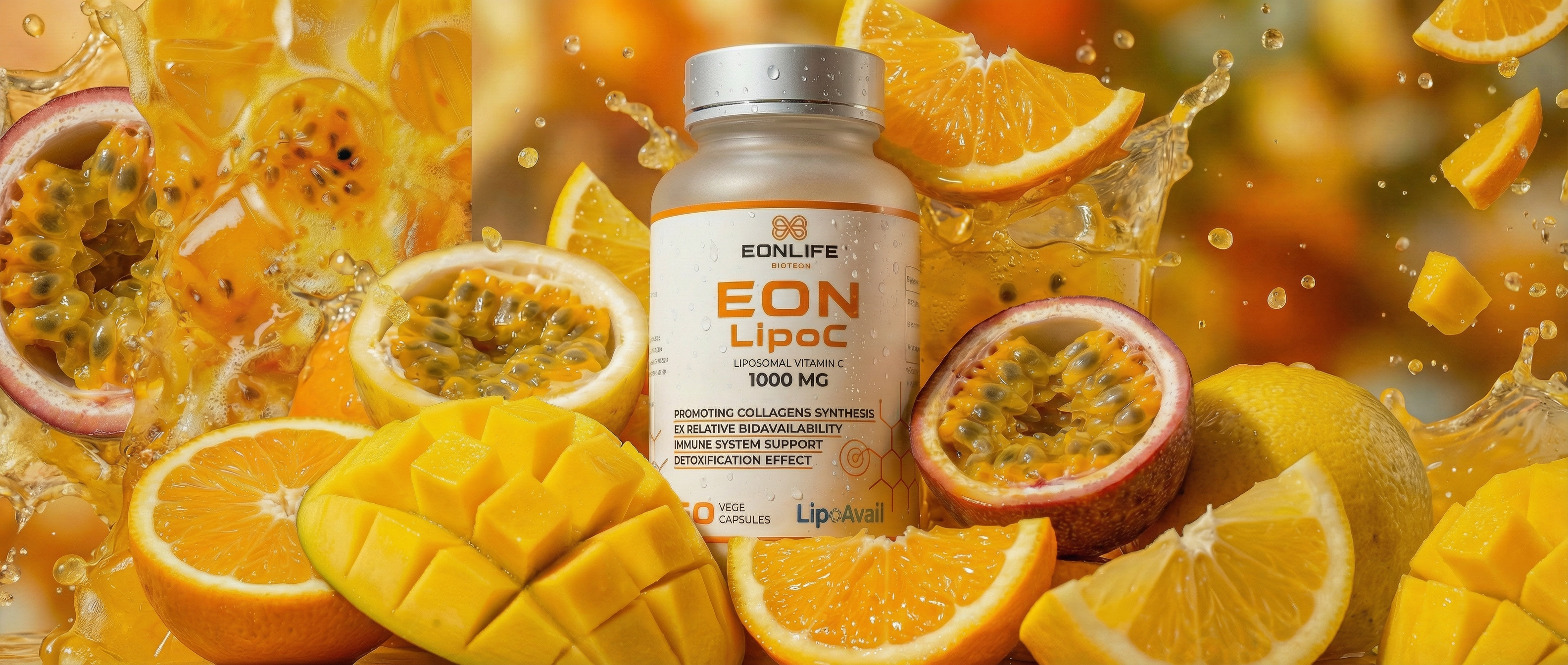 Na grafice przedstawiono suplement diety EON LipoC marki EONLIFE Biotech w białym opakowaniu z pomarańczowymi akcentami. Produkt otaczają soczyste owoce cytrusowe i egzotyczne – pomarańcze, cytryny, mango oraz marakuja – zanurzone w dynamicznych rozbryzgach soku.