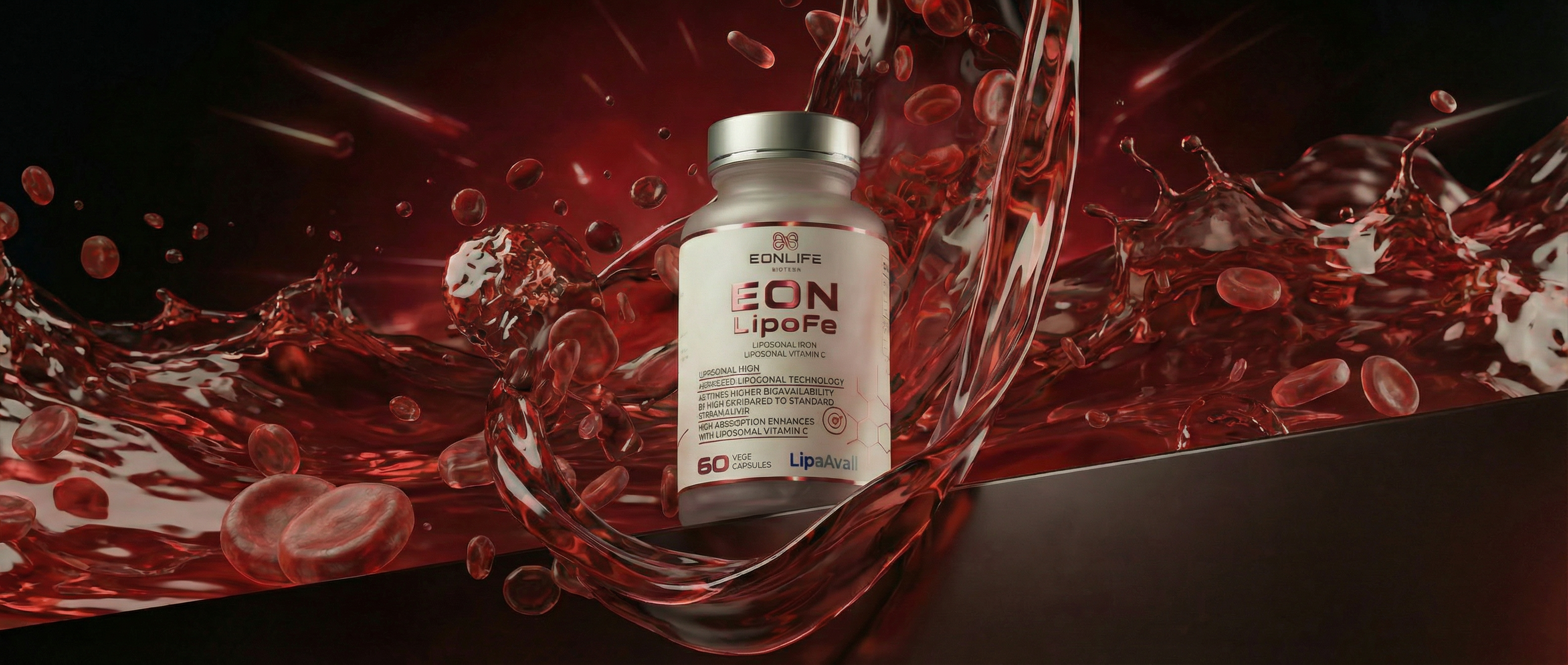 Na grafice przedstawiono suplement diety EON LipoFe marki EONLIFE Biotech w białym opakowaniu z czerwonymi akcentami. Produkt umieszczono na tle dynamicznych rozbryzgów czerwonej cieczy oraz elementów przypominających krwinki, co symbolicznie nawiązuje do wsparcia poziomu żelaza i zdrowia krwi.