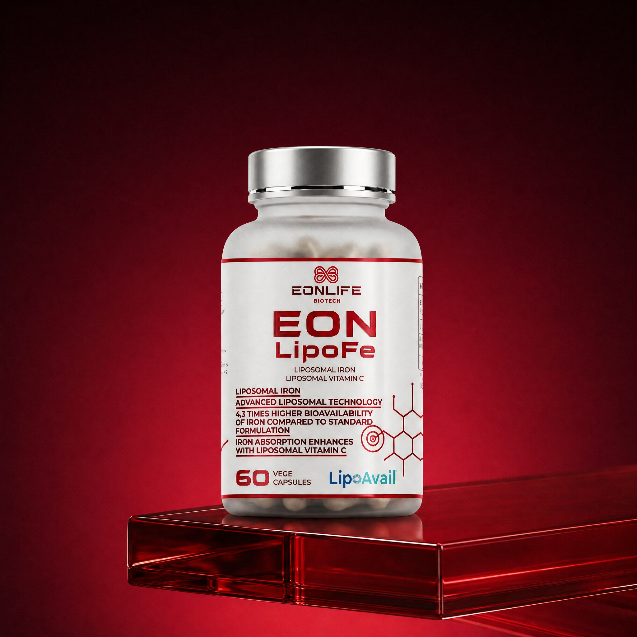 Na grafice przedstawiono suplement diety EON LipoFe marki EONLIFE Biotech w eleganckim, białym opakowaniu z czerwonymi detalami. Produkt został umieszczony na transparentnym, czerwonym podium na tle intensywnego czerwonego gradientu, co symbolicznie nawiązuje do wsparcia poziomu żelaza i energii organizmu.