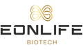 Grafika przedstawia logo marki EONLIFE Biotech na transparentnym tle. W górnej części widoczny jest elegancki symbol przypominający znak nieskończoności połączony z motywem organicznych linii i komórek, wykonany w złotych odcieniach.