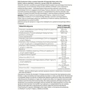 Grafika przedstawia etykietę suplementu diety EON Longevity Complex z pełnym składem produktu, tabelą składników aktywnych oraz informacjami dotyczącymi dawkowania i ostrzeżeń.