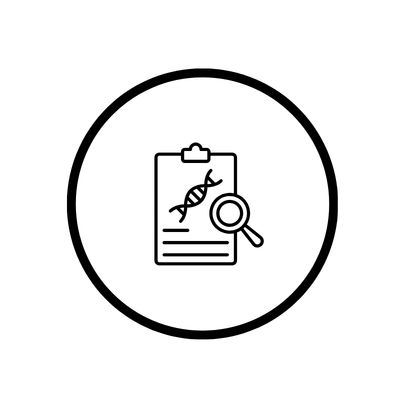 Grafika przedstawia minimalistyczną ikonę w czarnym kolorze umieszczoną w okręgu na jasnym tle. W centrum widoczny jest symbol dokumentu lub certyfikatu z zaznaczonym znakiem jakości oraz małą ikoną laboratorium lub badań naukowych.