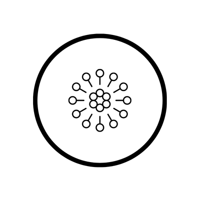 Grafika przedstawia minimalistyczną ikonę w czarnym kolorze umieszczoną na jasnym tle. Symbol ma formę okręgu otaczającego geometryczny wzór przypominający strukturę molekularną lub komórkową.