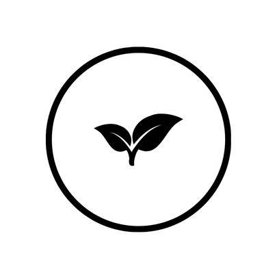 Grafika przedstawia minimalistyczną ikonę czarnego listka umieszczonego w okręgu na jasnym tle. Symbol rośliny ma prostą, nowoczesną formę i nawiązuje do natury oraz składników pochodzenia roślinnego.