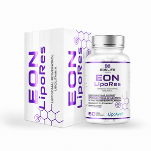 Grafika przedstawia suplement diety EON LipoRes marki EONLIFE Biotech wraz z eleganckim opakowaniem kartonowym. Produkt utrzymany jest w biało-fioletowej kolorystyce. Zarówno na pudełku, jak i na etykiecie butelki widoczne są minimalistyczne motywy inspirowane strukturami molekularnymi.