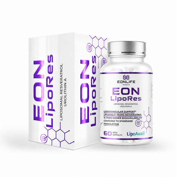 Grafika przedstawia suplement diety EON LipoRes marki EONLIFE Biotech wraz z eleganckim opakowaniem kartonowym. Produkt utrzymany jest w biało-fioletowej kolorystyce. Zarówno na pudełku, jak i na etykiecie butelki widoczne są minimalistyczne motywy inspirowane strukturami molekularnymi.