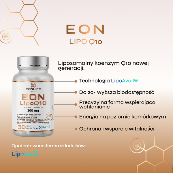 Grafika przedstawia suplement diety EON LipoQ10 marki EONLIFE Biotech wraz z opisem działania i właściwości produktu. Całość utrzymana jest w eleganckiej biało-miedzianej kolorystyce, która nawiązuje do energii komórkowej, witalności oraz nowoczesnej suplementacji premium. Po lewej stronie umieszczono opakowanie suplementu, natomiast po prawej przedstawiono najważniejsze informacje dotyczące działania koenzymu Q10.