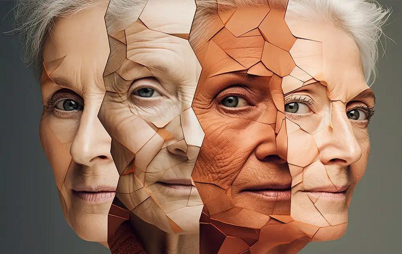 Grafika przedstawia artystyczny portret starszej kobiety ukazany w kilku fragmentach twarzy o różnym stopniu starzenia.